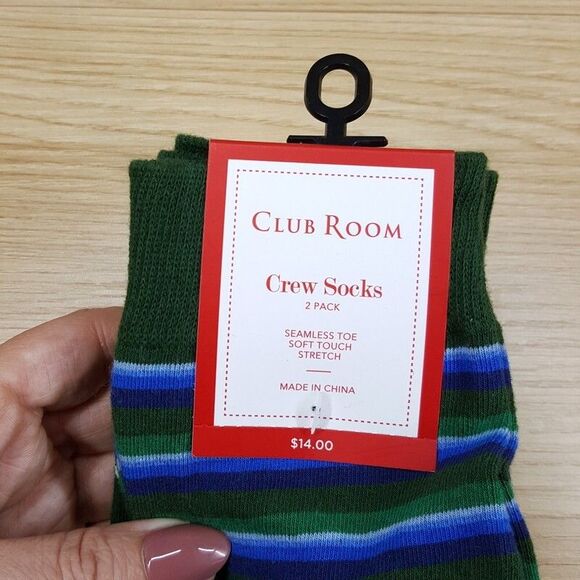 CLUB ROOM Crew Socks Mens Green 2-Pack Fair Isle Stripe Seamless Soft Touch - Picture 4 of 6